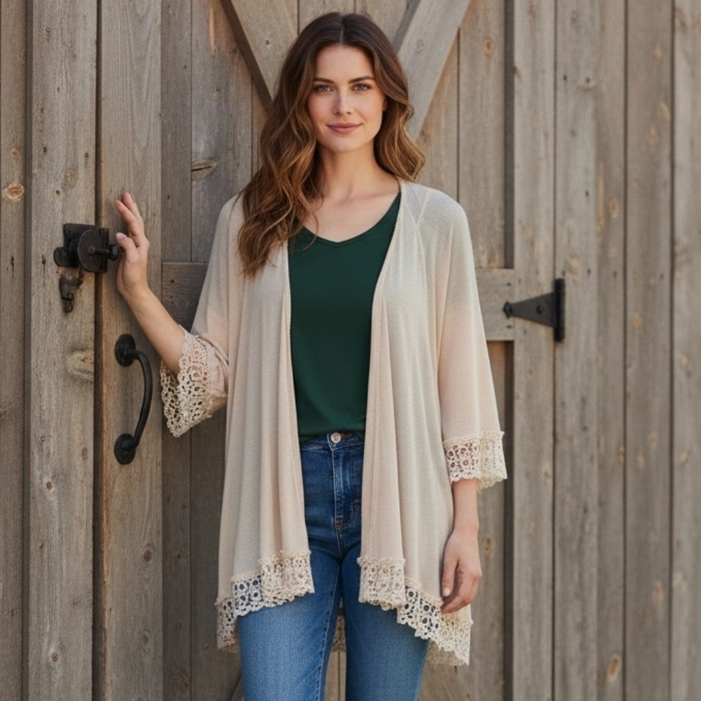 Vintage Crescent Kimono with Crochet Lace trim